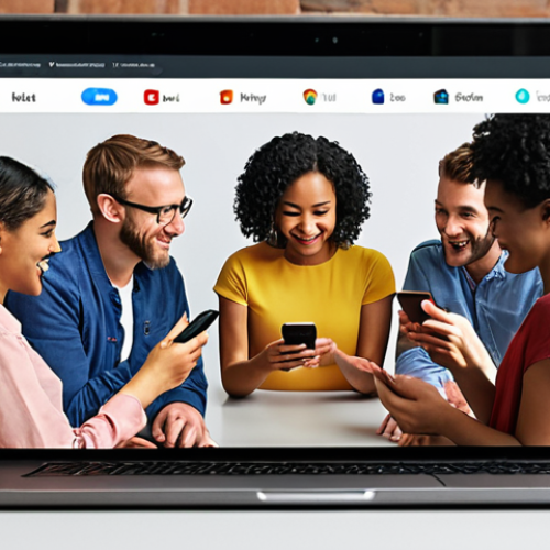 Home 11 **
A diverse group of people actively engaging with a brand's social media page on their smartphones and laptops. Focus on expressions of trust, connection, and positive interaction. Include elements like "likes," comments, and shares to illustrate community building.
**