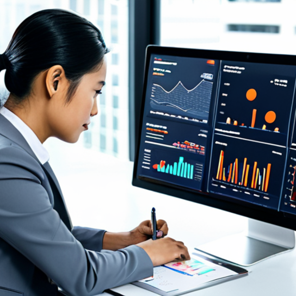 A focused Malaysian digital marketing professional, fully clothed in a modest business suit, seated at a sleek modern desk within a bright, minimalist office. Multiple screens display various data analytics charts and engagement metrics. The individual is intently looking at a laptop, holding a pen, symbolizing strategic planning and data analysis. The atmosphere is professional and analytical. Perfect anatomy, correct proportions, well-formed hands, natural pose, professional photography, high quality, safe for work, appropriate content, family-friendly.