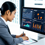 A focused Malaysian digital marketing professional, fully clothed in a modest business suit, seated at a sleek modern desk within a bright, minimalist office. Multiple screens display various data analytics charts and engagement metrics. The individual is intently looking at a laptop, holding a pen, symbolizing strategic planning and data analysis. The atmosphere is professional and analytical. Perfect anatomy, correct proportions, well-formed hands, natural pose, professional photography, high quality, safe for work, appropriate content, family-friendly.