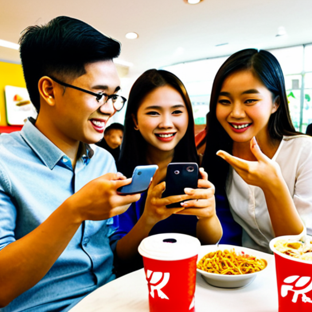 Social Media Marketing Success**

A vibrant, eye-level shot showcasing a diverse group of young adults enthusiastically interacting with their smartphones, fully engaged with social media apps displaying recognizable (but genericized, avoiding trademark infringement) Malaysian brand logos like a stylized "KFC" bucket and "Maggi" noodle packaging. Background: A bustling, modern Malaysian cafe setting with bright, inviting colors.  Focus on positive expressions and a sense of community. Fully clothed, appropriate attire, safe for work, professional, perfect anatomy, correct proportions, natural pose, well-formed hands, proper finger count, natural body proportions, high quality.

**
