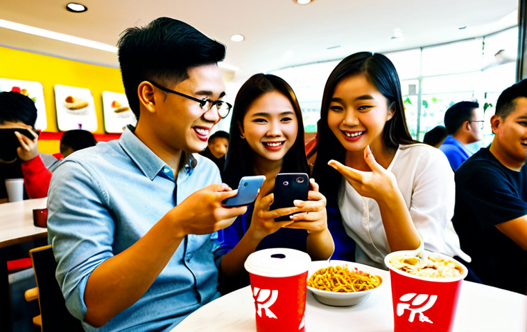 Social Media Marketing Success**

A vibrant, eye-level shot showcasing a diverse group of young adults enthusiastically interacting with their smartphones, fully engaged with social media apps displaying recognizable (but genericized, avoiding trademark infringement) Malaysian brand logos like a stylized "KFC" bucket and "Maggi" noodle packaging. Background: A bustling, modern Malaysian cafe setting with bright, inviting colors.  Focus on positive expressions and a sense of community. Fully clothed, appropriate attire, safe for work, professional, perfect anatomy, correct proportions, natural pose, well-formed hands, proper finger count, natural body proportions, high quality.

**