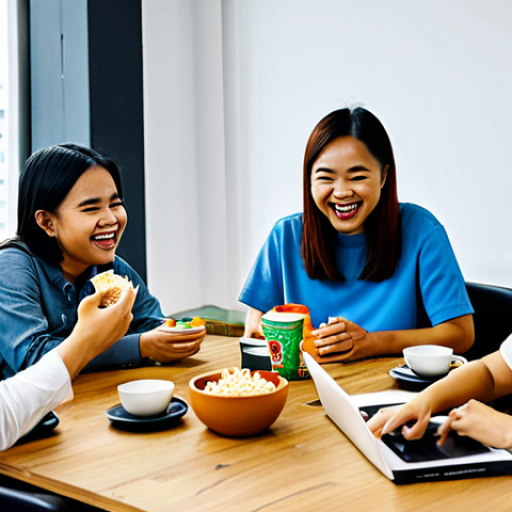 ** A group of diverse, fully clothed Malaysian influencers brainstorming content ideas around a table filled with local snacks and drinks (like *teh tarik* and *kuih*), in a modern co-working space. They are laughing and engaged in a lively discussion, surrounded by mood boards showcasing Malaysian culture. safe for work, appropriate content, professional, modest, family-friendly, perfect anatomy, correct proportions, natural pose, well-formed hands, proper finger count, natural body proportions.

**