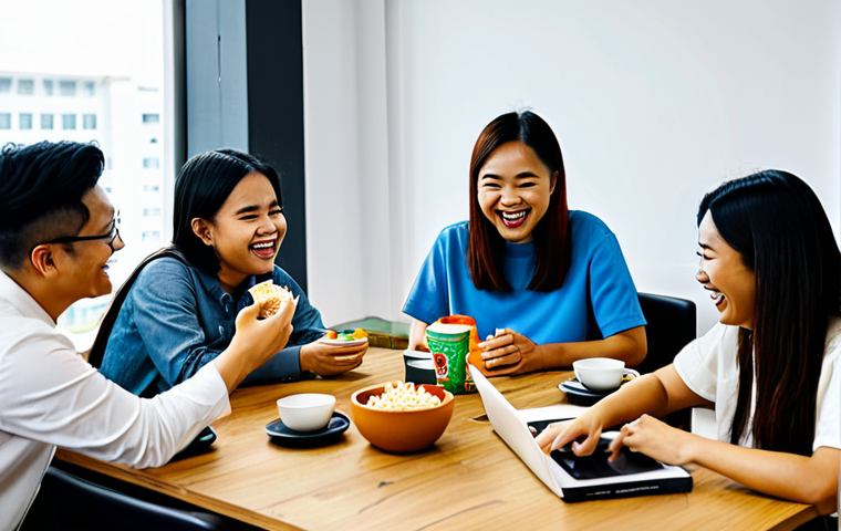 ** A group of diverse, fully clothed Malaysian influencers brainstorming content ideas around a table filled with local snacks and drinks (like *teh tarik* and *kuih*), in a modern co-working space. They are laughing and engaged in a lively discussion, surrounded by mood boards showcasing Malaysian culture. safe for work, appropriate content, professional, modest, family-friendly, perfect anatomy, correct proportions, natural pose, well-formed hands, proper finger count, natural body proportions.

**
