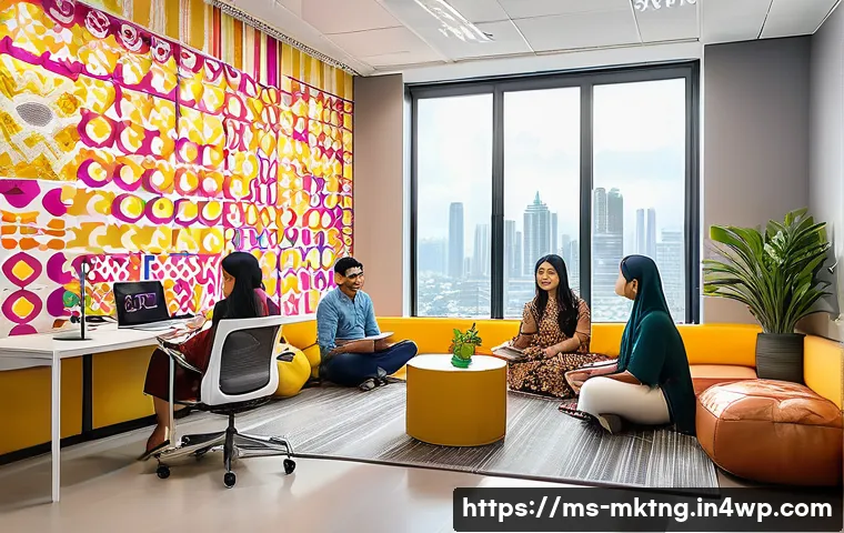 소셜 미디어 광고 예산 최적화 전략 - A vibrant digital marketing office scene in Kuala Lumpur, Malaysia, showcasing a diverse team of you...