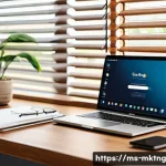 키워드 분석을 통한 SEO 전략 수립 - A professional, modern home office setup in a Southeast Asian style, featuring a sleek laptop displa...