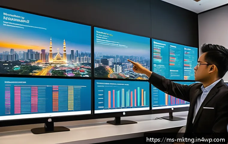 이메일 캠페인 성과 분석 리포트 작성법 - A modern office setting showing a diverse group of Malay marketing professionals analyzing email cam...